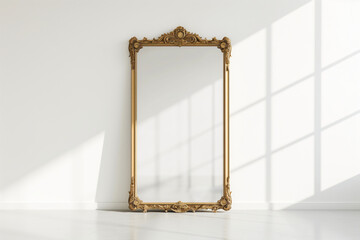  Regal Reflection: Ornate Golden Baroque Mirror on a White Background