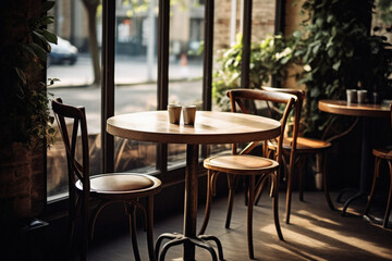 Wooden cafe table bokeh background, empty wood desk restaurant tabletop counter in bar or coffee shop surface product display mockup with blurry city lights backdrop presentation. Mock up, copy space.