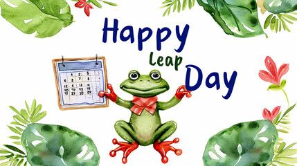 Leap day, one extra day, Leap year 29 February 2024 watercolor illustration. Cute Green Frog with calendar and text Happy Leap Day.