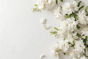 White flowers blooming on the white cement wall background.