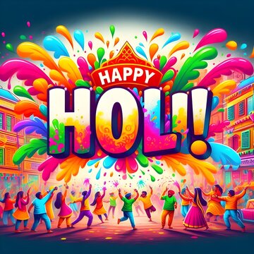 Happy Holi Text, Holi festival background banner poster  for indian festival of color celebration,
