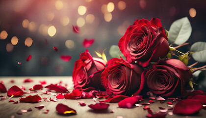 Intimate Moments: Red Roses on a Table with Scattered Petals