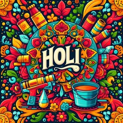 Obraz premium Happy Holi Text, Holi Text, Holi festival background banner poster template creative Flyer for indian festival of color celebration, Vector illustration of Holi festival background