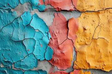 Fototapeta premium A close up of peeling paint on a wall, corful grunge wallpaper background