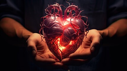 glowing human heart in hands