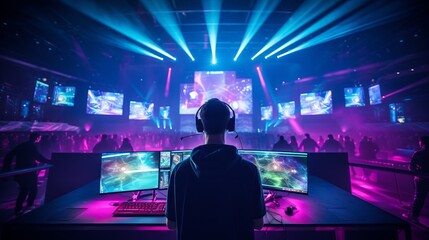 A young player in tech-enhanced clothes plays in a big esports event. A teenager in smart, light-up gear focuses on an esports game.