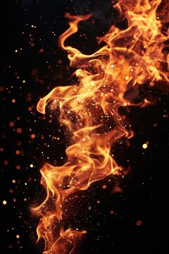 A close up image of a fire on a black background. Can be used to depict warmth, danger, or energy