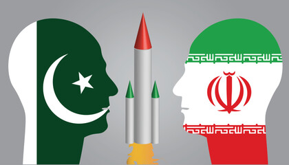  Pakistan and Iran under  war, Pakistan and Iran flag masked  with human head , Iran Strikes Pakistan , Iran Strikes Baluchi Group With Missiles In Pakistan, vector illustartion