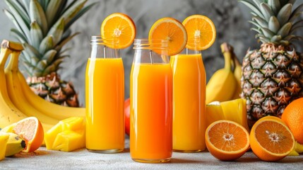 Assorted tropical fruits with orange juice on a light background, featuring bananas and pineapple.