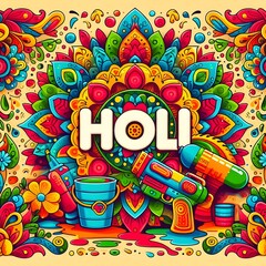 Fototapeta premium Happy Holi Text, Holi festival background banner poster template creative Flyer for indian festival of color celebration,