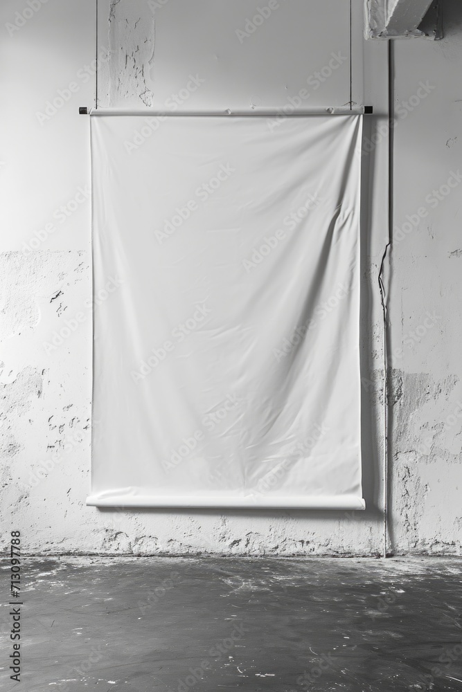 Poster a simple black and white photo of a curtain hanging on a wall. this versatile image can be used in v