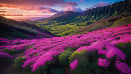 Landschaft mit pinken Blüten  - obrazy, fototapety, plakaty
