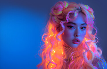Fototapeta na wymiar Fashion editorial Concept. Closeup of asian girl with glitter sheen makeup and neon colourful rainbow flowing hair . illuminated with dynamic composition and dramatic lighting. copy text space