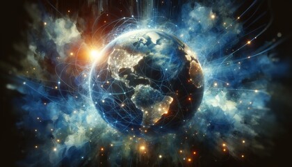 Obraz premium Abstract illustration, of planet Earth lit by internet communication lines and artificial lighting