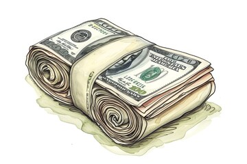 roll of cash is detailed and appears to be drawn in an engraving style with intricate lines and shading