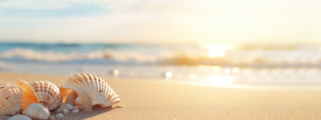 Vacation summer holiday travel tropical ocean sea panorama landscape - Close up of many seashells, sea shell on the sandy beach, with ocean in the background