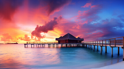 sunset on the beach beach, sea, water, maldives, sunset, ocean, sky, resort, island, tropical, bungalow, nature, house, travel, landscape, vacation, hotel, villa, holiday Generative AI  