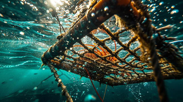 An up-close photograph of a lobster trap being pulled from the ocean depths, showcasing the intricate design and texture of the trap as well as the anticipation of a successful cat