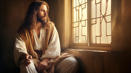 Portrait of Jesus Christ in white robe near the window - obrazy, fototapety, plakaty