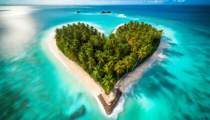 Aerial view of a heart shaped small tropical island with palm trees, with a beautiful sandy beach surrounded by a transparent turquoise sea. Generative Ai.