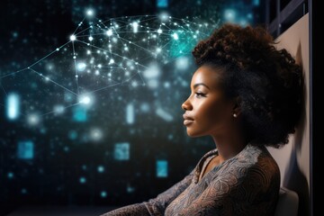 Black History Month, African american woman watching holographic screens. Holographic Financial Charts and Data Appearing