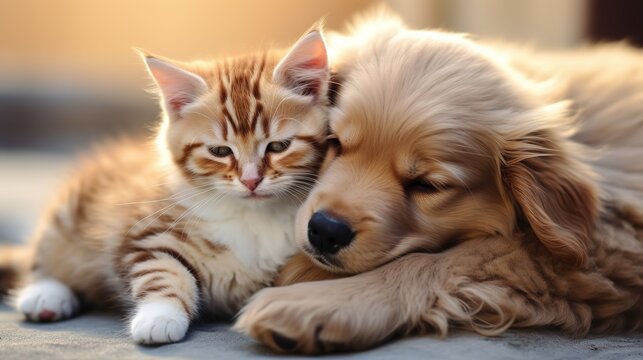 AI generated Pet harmony cat and dog snuggle in peaceful coexistence during a shared nap Pro Photo