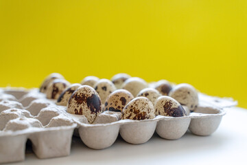 Spotted quail eggs in an egg box on a yellow background, natural eco friendly products.