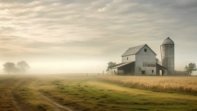 As the fog rolls in, the farm takes on an eerie quality, the old barns and silos disappearing into the thick white clouds.