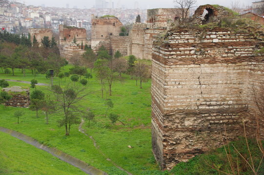 View of the famous Theodosian Walls of Constantinople, modern Istanbul, Turkey