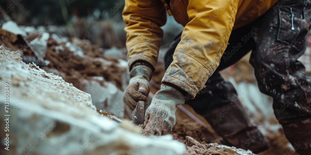 Poster a man in a yellow jacket is seen digging a pile of dirt. this image can be used to depict constructi