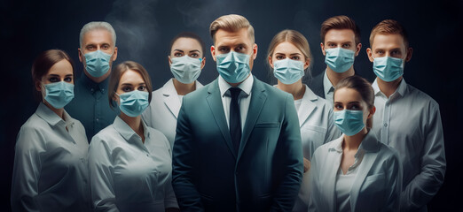 chief physician and his team of doctors wearing protective masks. Danger of infection of the virus coronavirus 