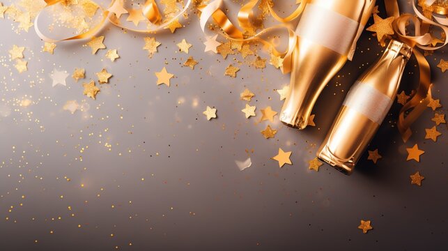 Celebration background with golden Champain bottle ai generative