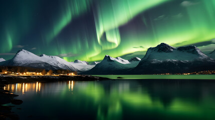A beautiful green Aurora borealis or northern lights