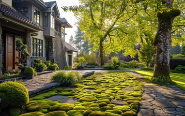 An integration of moss landscaping in the surroundings of a mansion, emphasizing the luxurious and serene atmosphere created by the use of moss-covered surfaces, rocks, or architectural elements