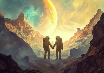 astronaut couple on alien planet 