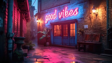 A neon sign that says good vibes on a building