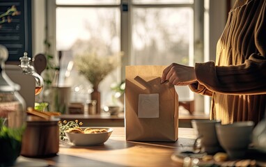 An eco-friendly packaging being opened, showcasing a sustainable lifestyle, with a minimalist home interior in the background - obrazy, fototapety, plakaty