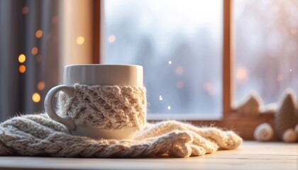 Cup of tea or coffee mug and knitted blanket near window. decoration with soft focus light and bokeh background