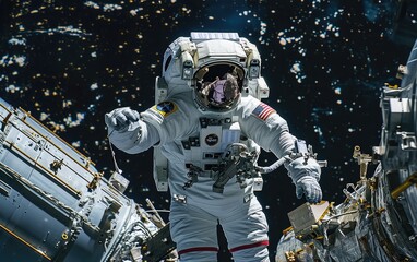 Fototapeta premium An astronaut floats weightlessly in space above the Earth, with the planet's majestic blue and white surface visible below