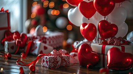 Celebratory birthday and Valentine's Day theme, heart-shaped balloons in red and white,