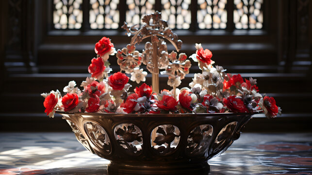 A flower adorned baptismal font.