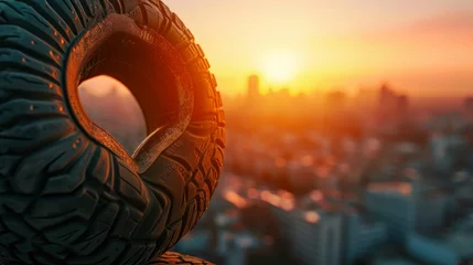 Fotobehang Car tire on the background of the city, sunset © Zahid