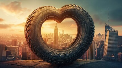 Car tire (tyre) in the shape of a heart on the background of the city - obrazy, fototapety, plakaty
