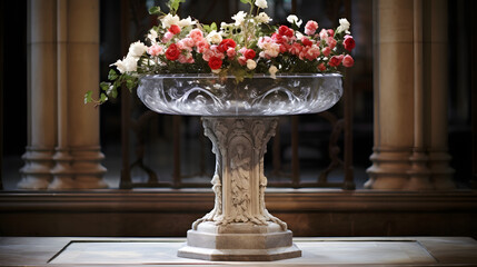 Fototapeta na wymiar A flower adorned baptismal font.
