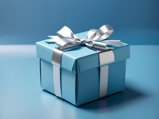 sky Blue gift box with a silver ribbon on a blue background design.
