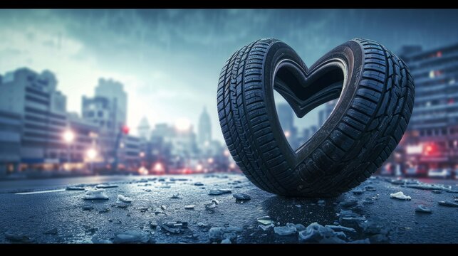 Car tire (tyre) in the shape of a heart on the background of the city