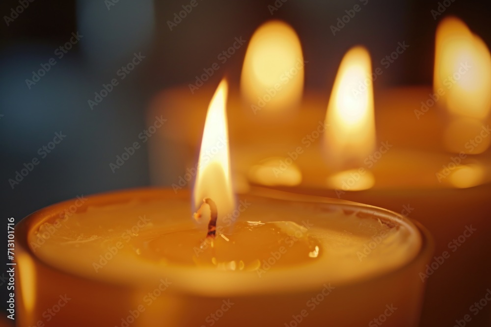 Poster a close up view of a group of candles. can be used for home decor or creating a cozy atmosphere