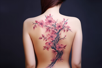 Floral tattoo design on the back of a beautiful woman, generated by AI
