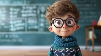 With a school blackboard in the backdrop and a cute cartoon character boy dressed for school in glasses and a sweater