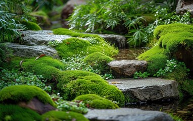 Fototapeta na wymiar Moss thrives on the rocks in a garden, showing vibrant green growth amidst the stone surfaces